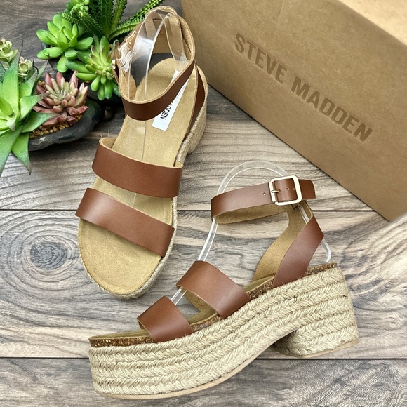 NIB Steve Madden Kelton Espadrille Platform Ankle Strap Sandal Cognac Leather - Picture 1 of 13